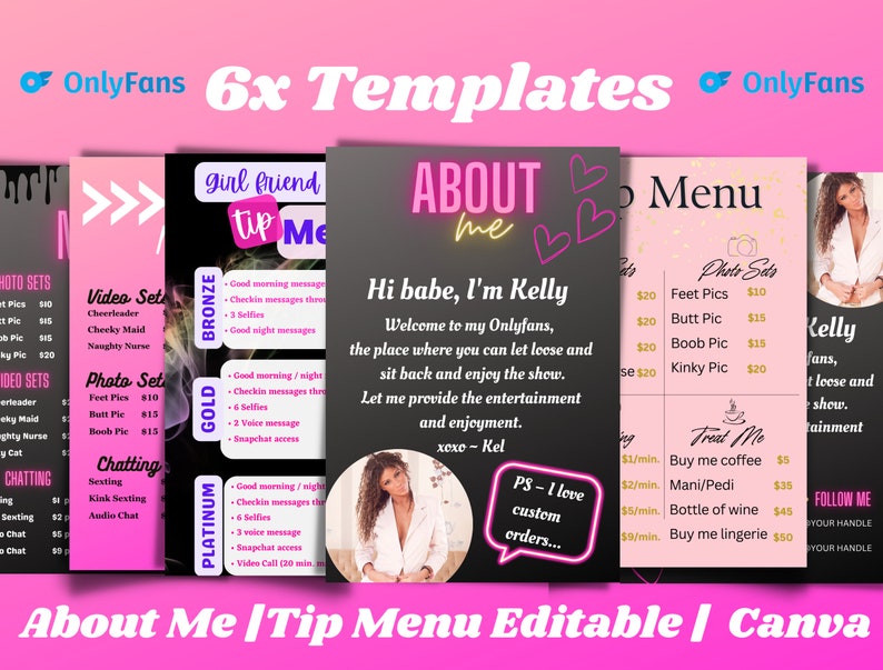 May include: A digital template set for OnlyFans creators. The image shows six templates with pink and black backgrounds, offering services like photo sets, video sets, and chatting options. Text includes "About Me" and "Tip Menu".