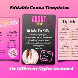 Onlyfans Tip Menu, Onlyfans Graphics Bundle, Six Editable Canva
