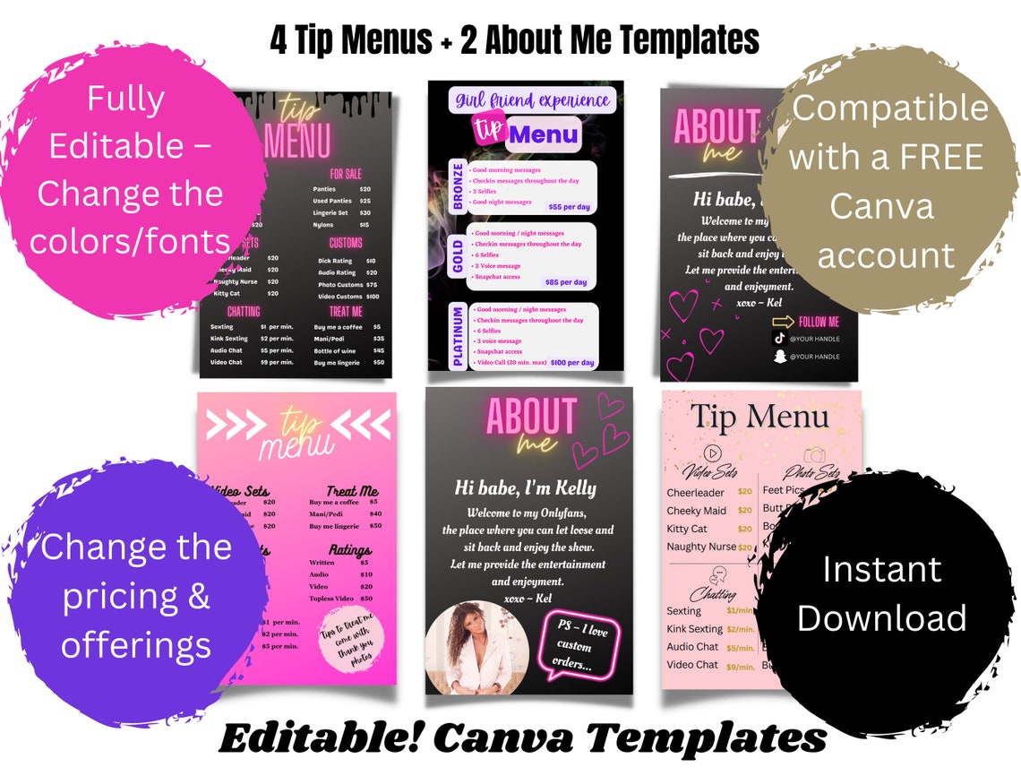 Onlyfans Tip Menu, Onlyfans Graphics Bundle, Six Editable Canva ...