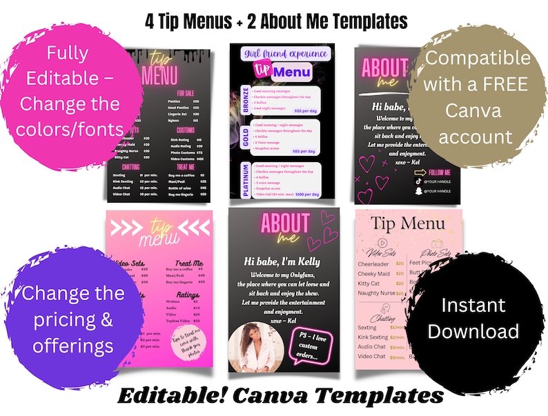 May include: Digital templates for tip menus and about me pages. The design features pink, black, and white colour schemes. Text includes "Fully Editable", "Change the colours/fonts", "Change the pricing & offerings", and "Instant Download".