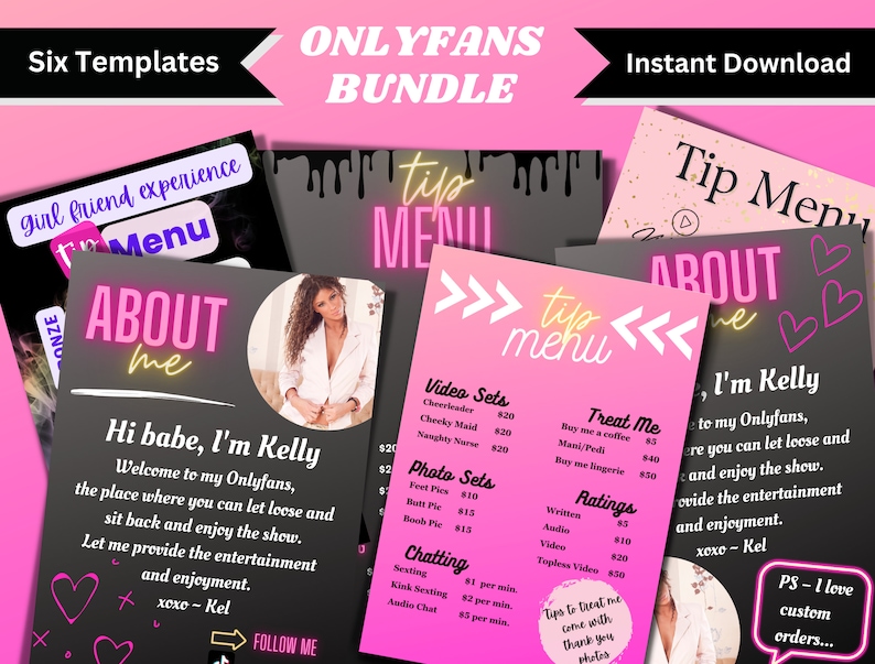 May include: A pink and black OnlyFans bundle graphic with the text "Six Templates" and "Instant Download". The image features several menu templates with text like "Tip Menu" and "About Me".