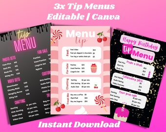 OnlyFans Trinkgeld-Menü, OnlyFans Grafiken, drei bearbeitbare Canva-Vorlagen, OnlyFans Menüvorlage, Trinkgeld-Menüvorlage, OnlyFans bearbeitbare Vorlage