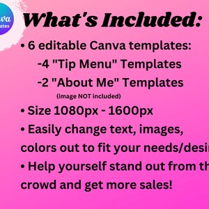 May include: A pink graphic with the text "What's Included:" and details about Canva templates. The image lists 6 editable templates, including "Tip Menu" and "About Me" templates, with a size range of 1080px-1600px.