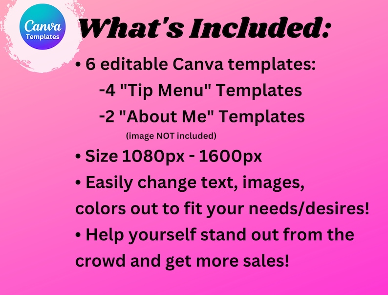 May include: A pink graphic with the text "What's Included:" and details about Canva templates. The image lists 6 editable templates, including "Tip Menu" and "About Me" templates, with a size range of 1080px-1600px.