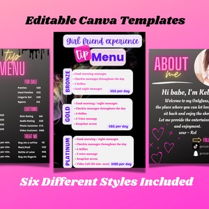 May include: Digital Canva templates are displayed, offering editable designs. The image presents three menu layouts detailing services like photo sets, video sets, and chatting options. These templates are tailored for a specific online platform, focusing on personal interactions.