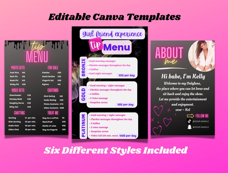 May include: Digital Canva templates are displayed, offering editable designs. The image presents three menu layouts detailing services like photo sets, video sets, and chatting options. These templates are tailored for a specific online platform, focusing on personal interactions.