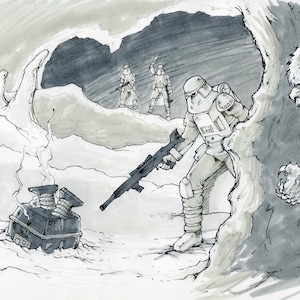 以下が含まれることがあります： モノクロイラスト。雪景色の中にストームトルーパー、ワンパ、ドロイドが描かれています。ストームトルーパーがブラスターを構え、他のトルーパーは背景にいます。ワンパが近くに潜んでいます。