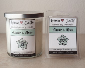 Clover & Aloe Candle / Wax Melts • Fresh Green Scent, Spring Collection • Soy Paraffin Blend • Loverin Crafts' Handmade Gifts
