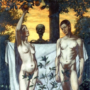 Hans Thoma - Adamo ed Eva (1897) Riproduzione di pittura a olio arrotolata di qualità museale (D6040)