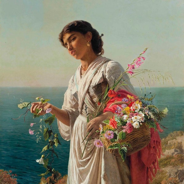 Sophie Anderson (1823-1903) - La fille aux fleurs, Capri, Reproduction de peinture à l’huile de qualité musée (D6045)