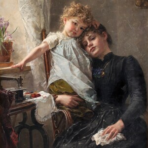 May include: A painting depicting a young girl with curly hair resting her head on the shoulder of a woman. The woman is wearing a black dress and a necklace with a pendant. The girl is wearing a white dress with a green sash. The painting is set in a room with a window and a sewing machine.