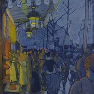 May include: A painting of a bustling Parisian street scene at night. The scene is dominated by a large, ornate awning with hanging lights. People are gathered in front of a storefront, some looking at the display, others walking by. The painting is done in a style reminiscent of Impressionism, with bold brushstrokes and a focus on capturing the atmosphere of the scene.