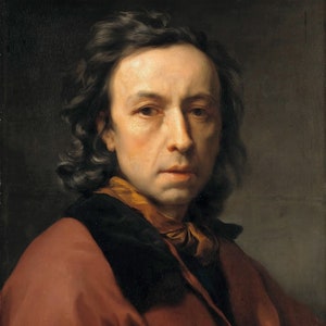 May include: A portrait painting of a man with long dark hair, wearing a dark brown jacket with a yellow scarf. The man has a serious expression on his face.
