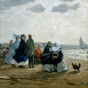 Eugène Boudin - On the Beach, Dieppe (1864) Hand Painted Museum Quality Rolled Oil Painting Reproduction (D6050)