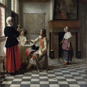 Pieter de Hooch - Une femme buvant avec deux hommes (1658) Reproduction peinte à la main de peinture à l'huile laminée de qualité muséale (D6050)