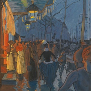 May include: A painting depicting a bustling street scene at night. The scene is lit by gas lamps and streetlights, casting a warm glow on the crowd of people walking along the sidewalk. The building in the background is adorned with a decorative awning and a sign that reads "Le Theatre."