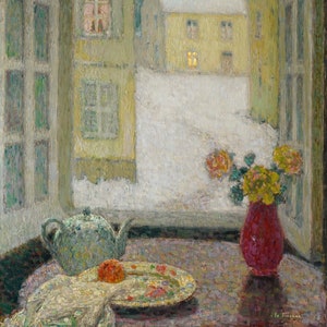 Henri Le Sidaner - La table devant la fenêtre, neige (1937) Reproduction peinte à la main de peinture à l'huile laminée de qualité muséale (D6050)