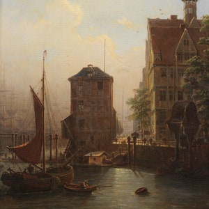 Ludwigs Mecklenburg - On the Premises in the Port of Hamburg (1861) Hand Painted Museum Quality Rolled Oil Painting Reproduction (D6050)