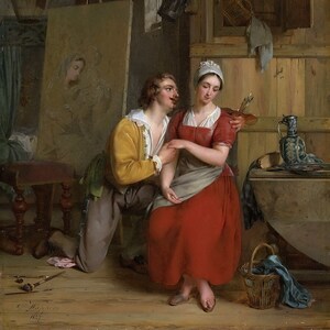 Gustave Wappers - Anthony van Dyck innamorato della sua modella (1827) Riproduzione di un dipinto a olio su lastra di qualità museale dipinto a mano (D6050)