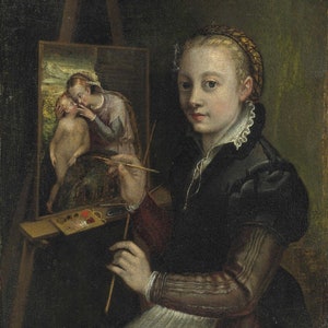 May include: A young woman in a dark dress and white apron sits at an easel, painting a scene of a woman and child. The woman in the painting is wearing a blue dress and holding a child in her arms. The artist is holding a paintbrush in her right hand and looking directly at the viewer.