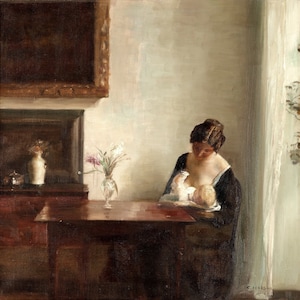 Carl Holsoe (1863-1935) - Interior with Woman and Child, Hand Painted Museum Quality Rolled Oil Painting Reproduction (D50)