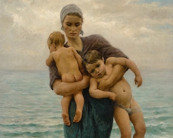 Virginie Demont-Breton - Fisherman’s Wife with Her Children (1881) Museum Quality Oil Painting Reproduction (D6035)