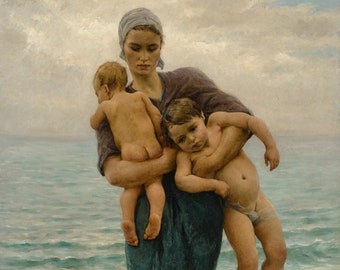 Virginie Demont-Breton - Fisherman’s Wife with Her Children (1881) Museum Quality Rolled Oil Painting Reproduction (D6035)