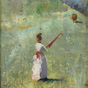 Può includere: Un dipinto che ritrae una donna in un abito a righe che tiene un ombrello rosso in un campo con una mucca marrone sullo sfondo. Il dipinto è intitolato "Il Colore Fatale".