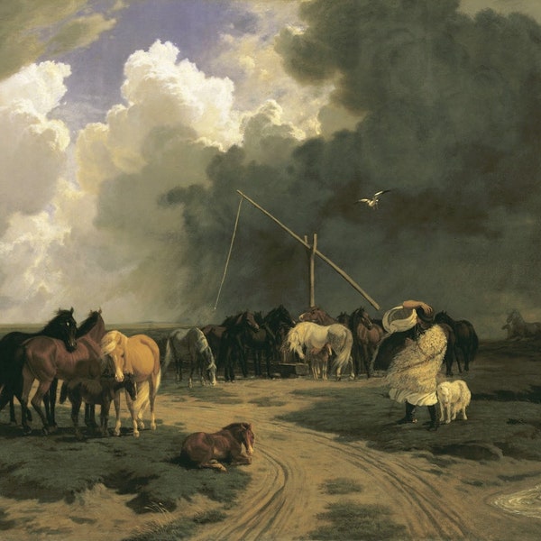 Karoly Lotz - Chevaux dans une tempête de pluie (1862) Musée Qualité Peinture à l’huile Reproduction (D4060)