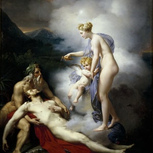 Könnte beinhalten: Ein Gemälde, das eine Szene aus der griechischen Mythologie darstellt. Eine Frau mit wallendem Haar und einem blauen Gewand steht auf einer Wolke und hält einen goldenen Kelch. Ein geflügelter Cherub steht neben ihr. Ein bärtiger Mann sitzt auf dem Boden und hält einen jungen Mann, der auf einem roten Tuch liegt. Die Szene spielt vor dem Hintergrund von Bergen und Wolken.