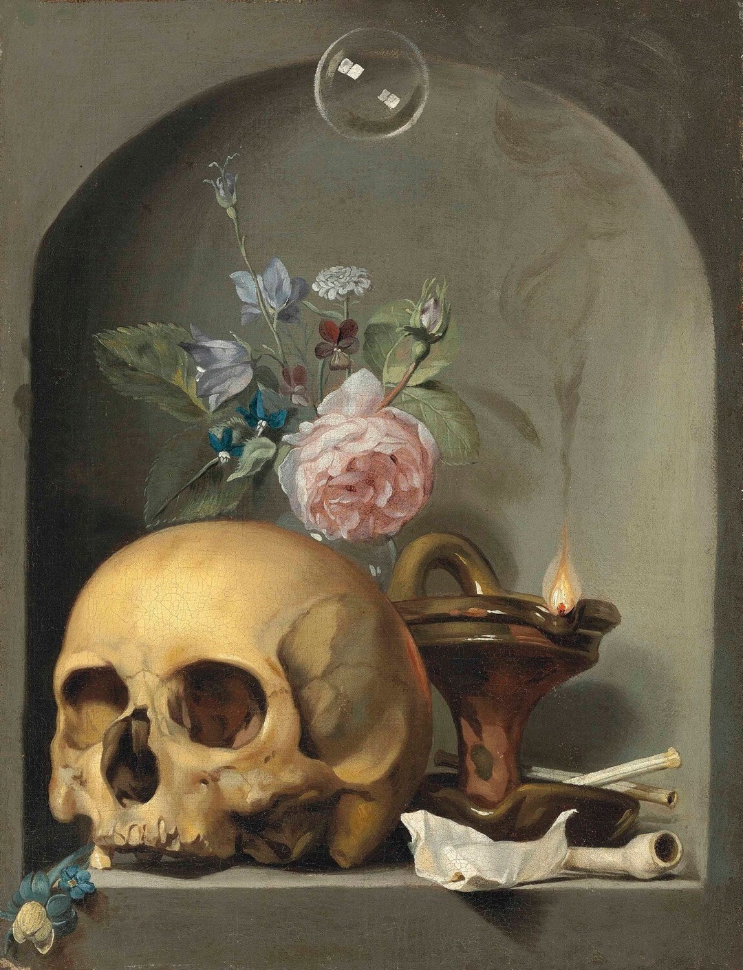 Imitator of Hendrick Andriessen - Skull, Flowers, Pipes, and
