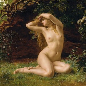 Valentine Cameron Prinsep - Il primo risveglio di Eva, riproduzione di un dipinto a olio su lastra di qualità museale dipinto a mano (D5060)