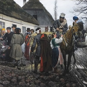 May include: A painting depicting a group of people gathered in front of a white building with a thatched roof. A man on horseback is talking to a woman in a blue dress. The scene is set in a rural village with trees and a stone wall in the background.