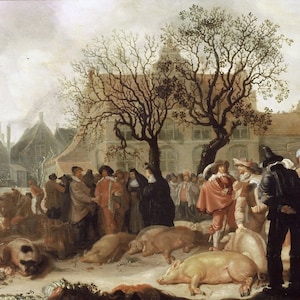 May include: An oil painting depicting a bustling outdoor market scene. People in period clothing gather around pigs and produce. Buildings and bare trees are in the background, with a cloudy sky overhead. The artwork has a muted color palette.