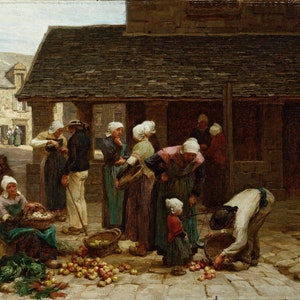 Leon Lhermitte - Market Place of Ploudalmezeau, Brittany (1877) Museum Quality Rolled Oil Painting Reproduction (D4060)