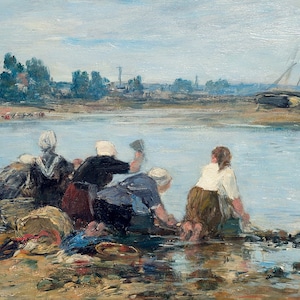 Eugène Boudin - Laveuses  au Bord de la Touques 1884 Museum Quality Rolled Oil Painting Reproduction (D3560)