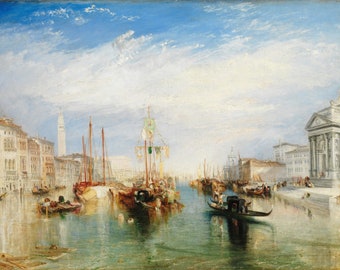 May include: A painting depicting a bustling scene in Venice, Italy. The Grand Canal is filled with gondolas and other boats, with buildings lining the banks. The sky is a bright blue with fluffy white clouds.