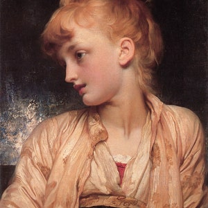May include: A young woman with auburn hair, wearing a peach-colored shawl over a white blouse and a dark green skirt, looks to the side with a thoughtful expression.
