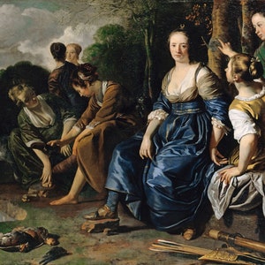 May include: A group of women in a wooded area, one woman is seated in the center wearing a blue dress, another woman is seated to the right wearing a yellow dress, and a dog is in the foreground.