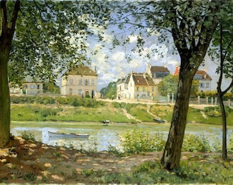 May include: A painting of a river scene with houses on the bank. The river is calm and blue, with a small boat in the water. The houses are white with green trim, and there are trees in the foreground and background. The sky is blue with white clouds.