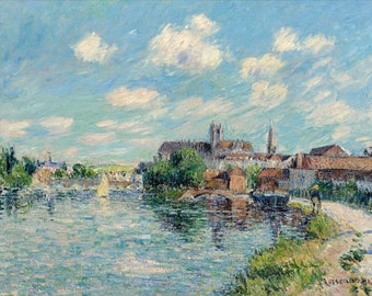 May include: An impressionistic painting of a river scene under a blue sky with fluffy white clouds. Buildings and a church are visible on the far bank. A sailboat glides on the water, and a path runs along the river's edge.