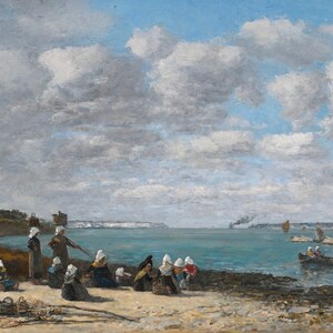 Eugene Boudin - Fisherwomen of Kerhor (1870) - Rolled Oil Painting Museum Quality Reproduction (D4060)