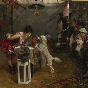 May include: A woman in a red and pink costume performs a trick with a dog and a monkey in a circus tent. The woman is feeding the dog from a plate on a table. The monkey is sitting on a stool. There are people watching the performance in the background.
