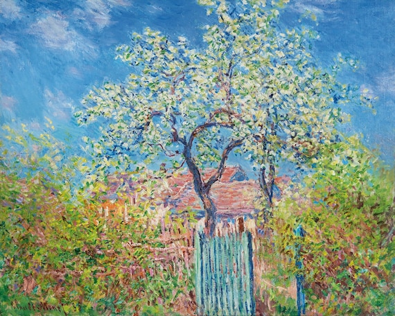 クロード・モネ - 花を咲かせた梨の木 1885年 美術館品質のロールド