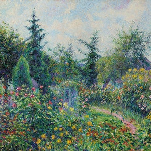 May include: An impressionistic painting of a garden scene. Lush green foliage surrounds a path leading to a red-roofed building. Colorful flowers in shades of red, yellow, and pink are scattered throughout the garden, under a blue sky.