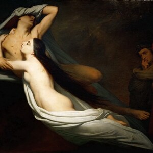 Ary Scheffer, The Ghosts of Paolo and Francesca Appear to Dante and Virgil 1855 Museum Quality Rolled Oil Painting Reproduction (D4060).