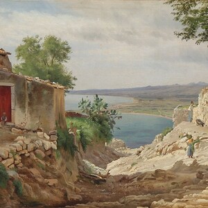Carl Frederic Aagaard - Coastal Landscape from Taormina on Sicily, Museum Quality Rolled Oil Painting Reproduction (D3560)