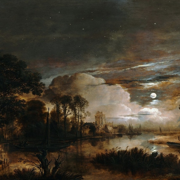 Aert van der Neer - Moonlit Landscape with a View of the New Amstel River and Castle 1647 Museum Quality Oil Painting Reproduction (D3560)