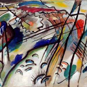 Puede incluir: Pintura abstracta con líneas negras audaces, colores vibrantes y formas geométricas. Los colores incluyen rojo, azul, verde, amarillo y blanco. La pintura tiene una sensación dinámica y enérgica.