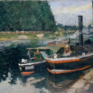 Camille Pissarro - Barges at Pontoise 1876 Museum Quality Rolled Oil Painting Reproduction (D5060)